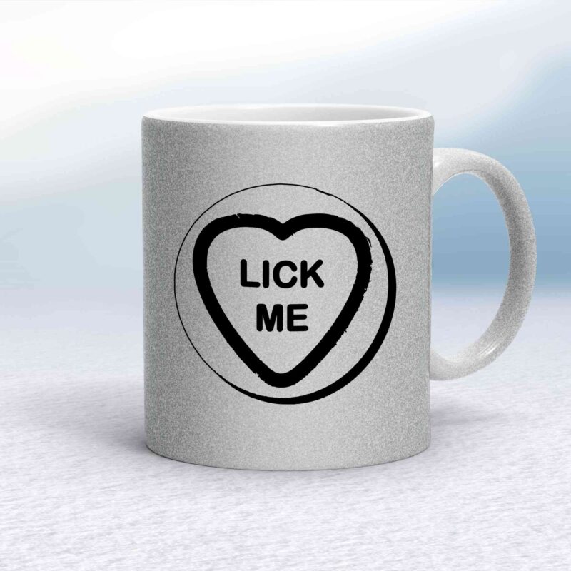Suck-Lick Me Love Heart Sweet Mug - Silver Glitter/White - 29